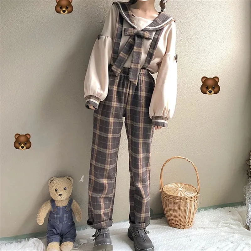 [ @bambiskii ] "PLAID BOW COLLAR" SHIRT/OVERALLS/SUSPENDER SKIRT K092409