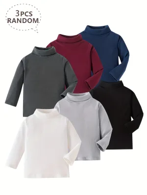 3 Pcs Boys' Fleece-Lined Turtleneck Sweaters - Soft, Warm Knit Pullovers for Fall/Winter