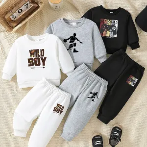 6pcs Baby Boy Outfit Set, Casual Crew Neck Pullovers and Pants, Soft Knitted Fabric with Polyester Applique, Long Sleeve with Alphabet & Game Controller Dinosaur Basketball Prints, Spring/Fall Loose Fit Clothing Set.