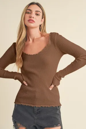 Aemi   Co Lettuce Hem Scoop Neck Long Sleeve Knit Top
