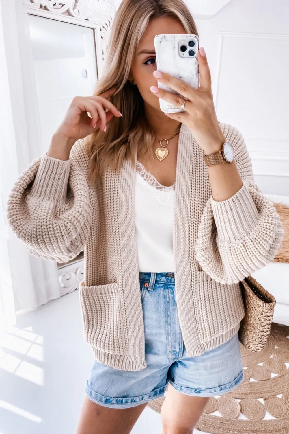 Apricot Solid Pocketed Open Short Cardigan