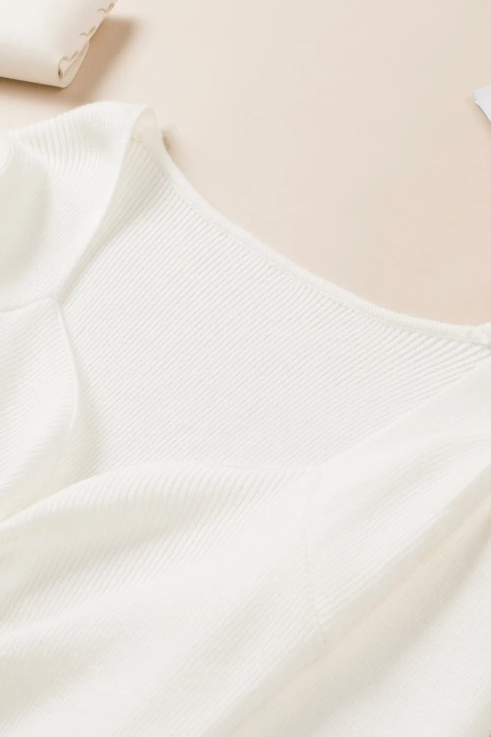 Beige Ruched Sweetheart Neckline Rib Knit Sweater