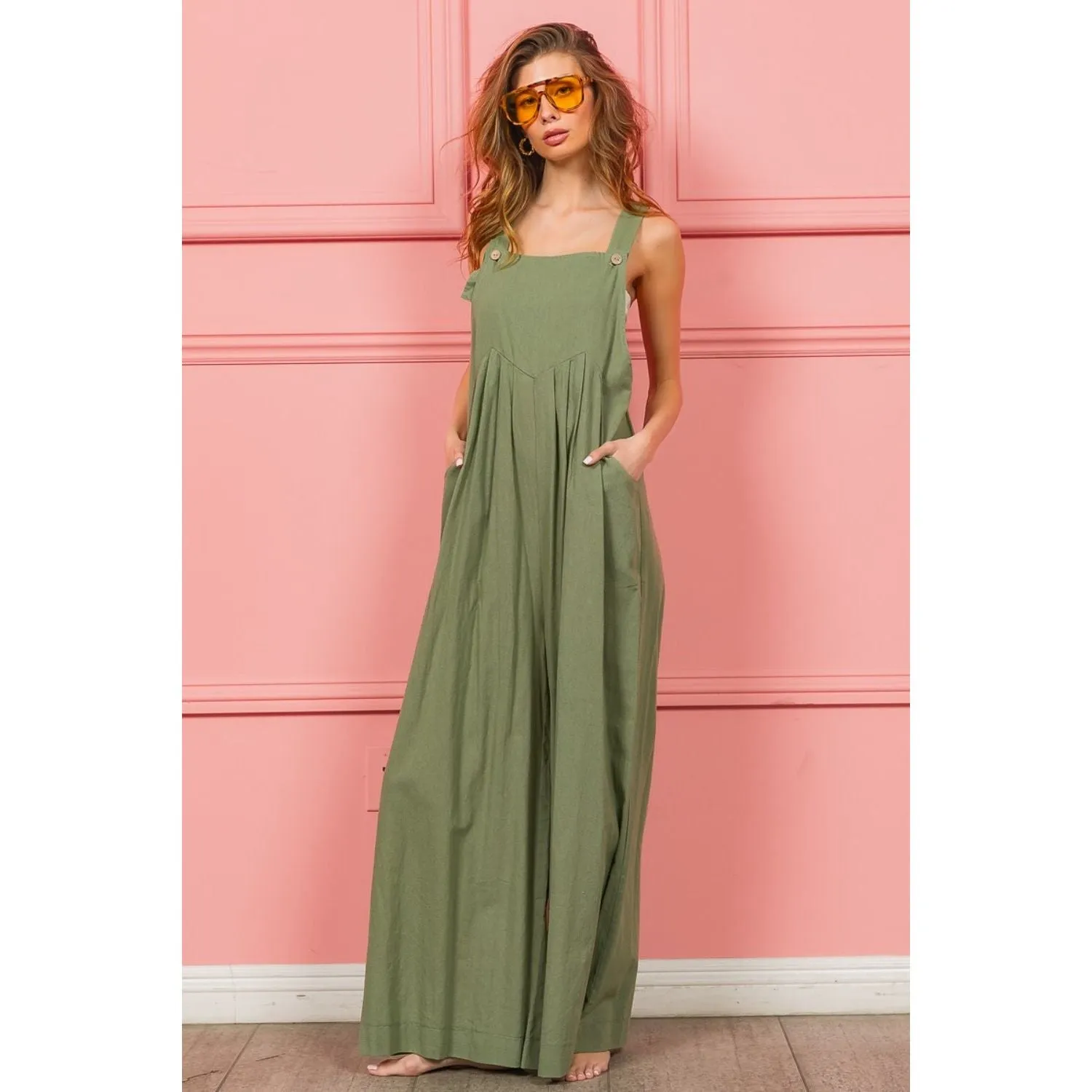 BiBi Ruched Wide Leg Overalls with Pockets