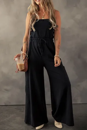Black Drawstring Wide Leg Cargo Pockets Sleeveless Jumpsuit