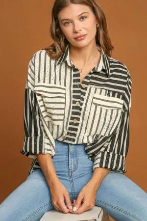Black Pointelle Stripped Half Button Collared Neck Top