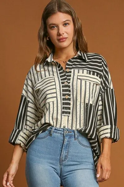 Black Pointelle Stripped Half Button Collared Neck Top