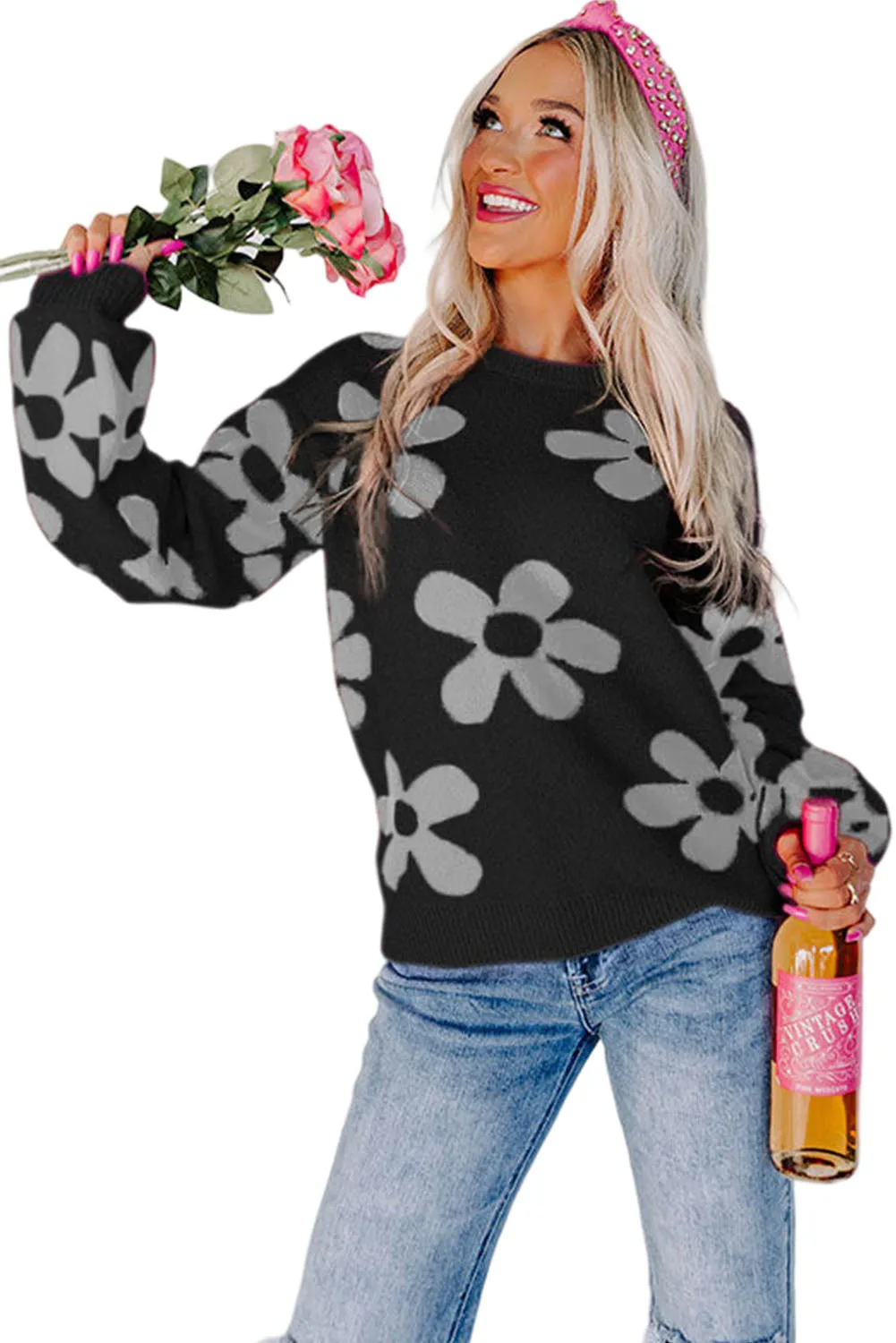 Black Rose Big Flower Knit Ribbed Trim Sweater
