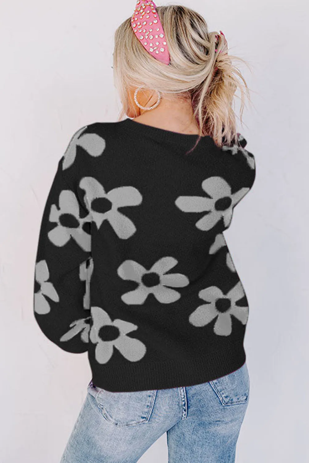 Black Rose Big Flower Knit Ribbed Trim Sweater