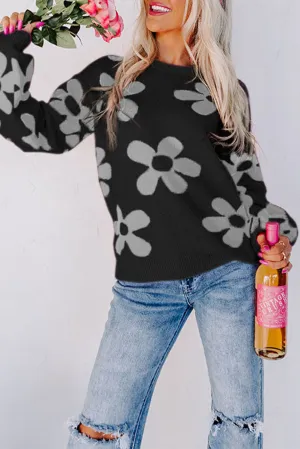 Black Rose Big Flower Knit Ribbed Trim Sweater