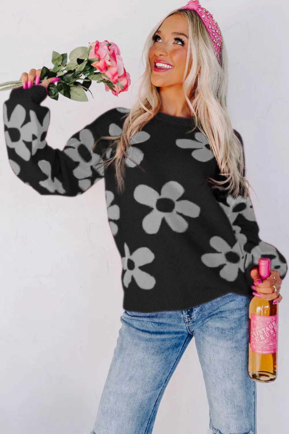 Black Rose Big Flower Knit Ribbed Trim Sweater