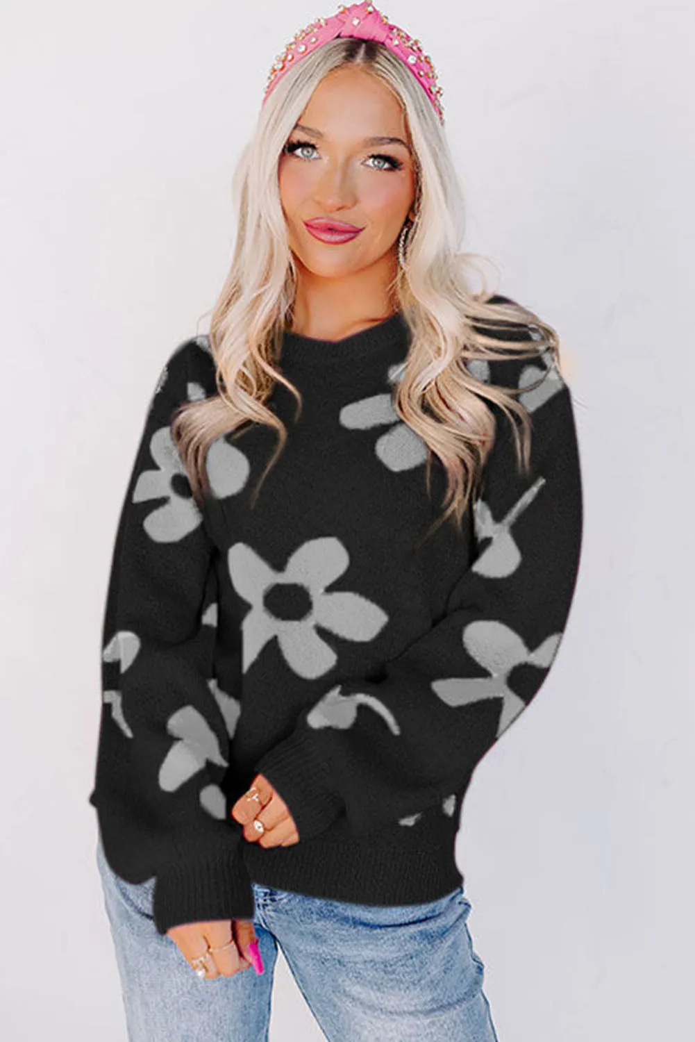 Black Rose Big Flower Knit Ribbed Trim Sweater
