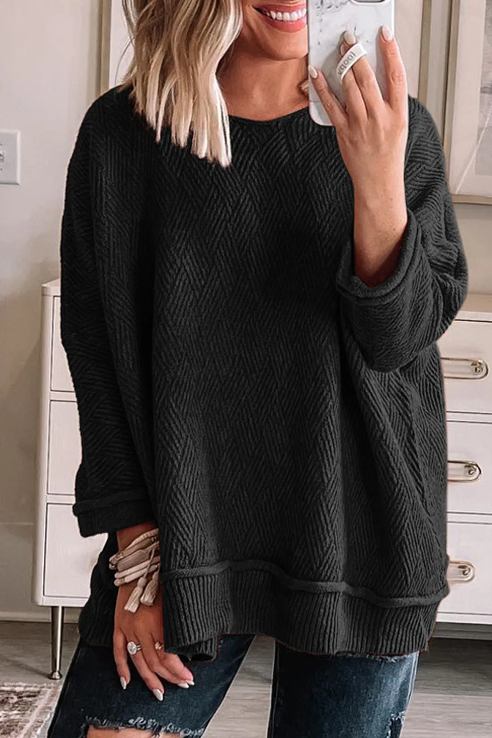 Black Solid Color Textured Crew Neck Loose Sweater