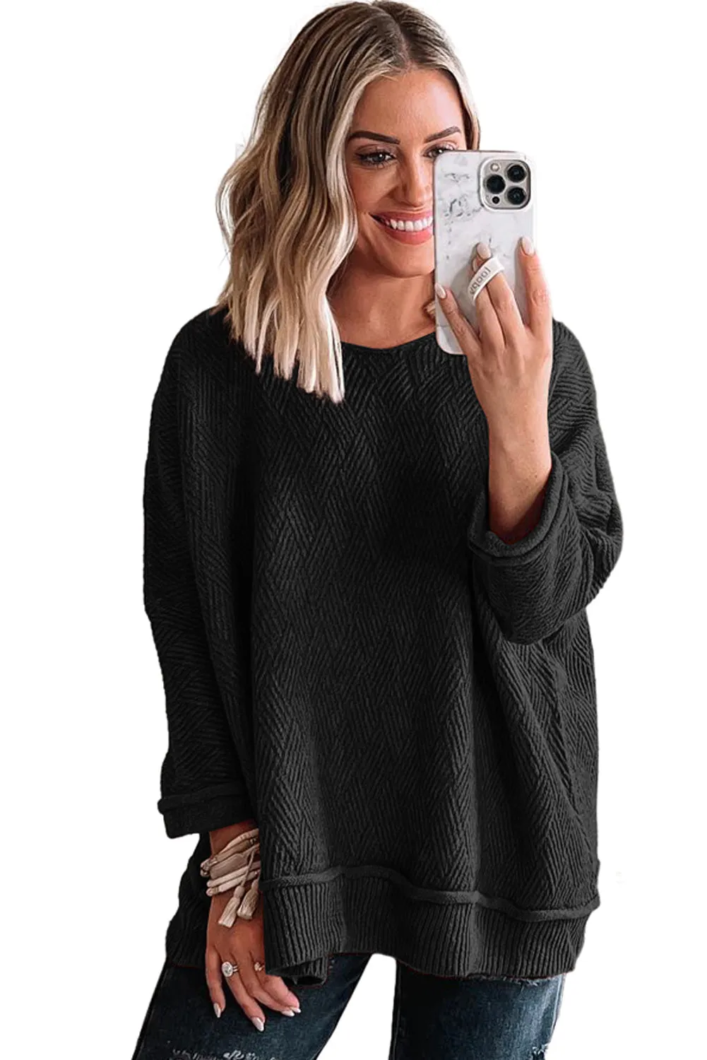 Black Solid Color Textured Crew Neck Loose Sweater