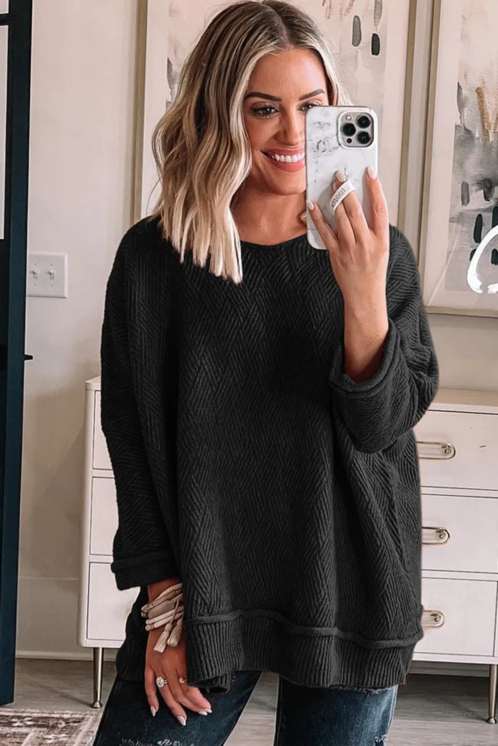 Black Solid Color Textured Crew Neck Loose Sweater