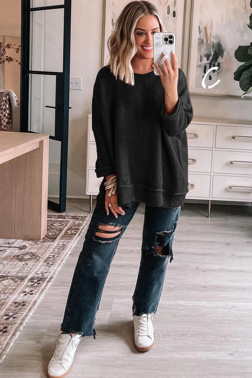 Black Solid Color Textured Crew Neck Loose Sweater