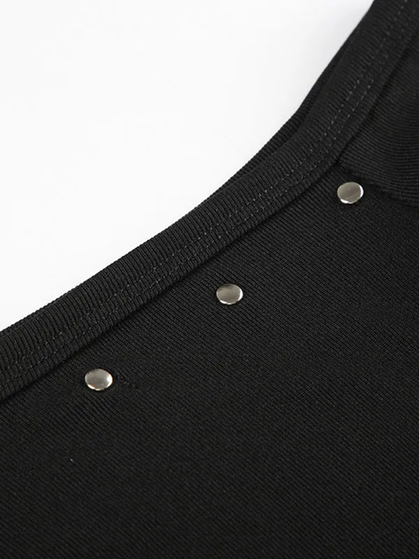 Black Y2k One Shoulder Rivet Long Sleeve T-Shirt