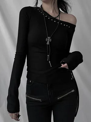 Black Y2k One Shoulder Rivet Long Sleeve T-Shirt