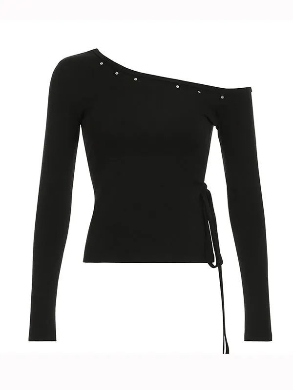 Black Y2k One Shoulder Rivet Long Sleeve T-Shirt