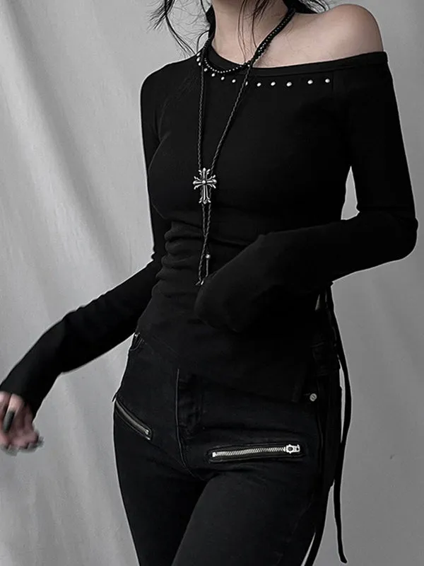 Black Y2k One Shoulder Rivet Long Sleeve T-Shirt