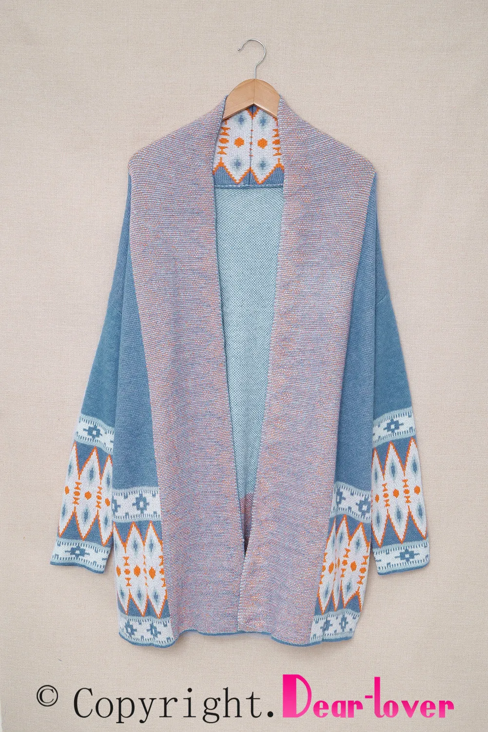 Blue Aztec Print Open Front Knitted Cardigan