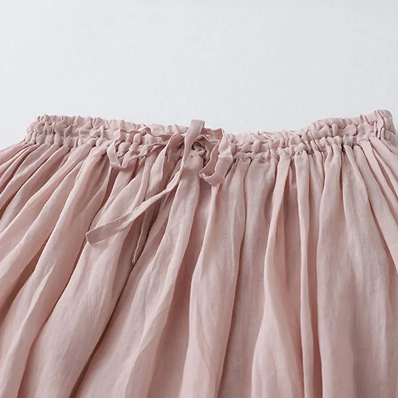 Buddha Stones Solid Lace Elastic Waist Ramie Linen Women's Skirt