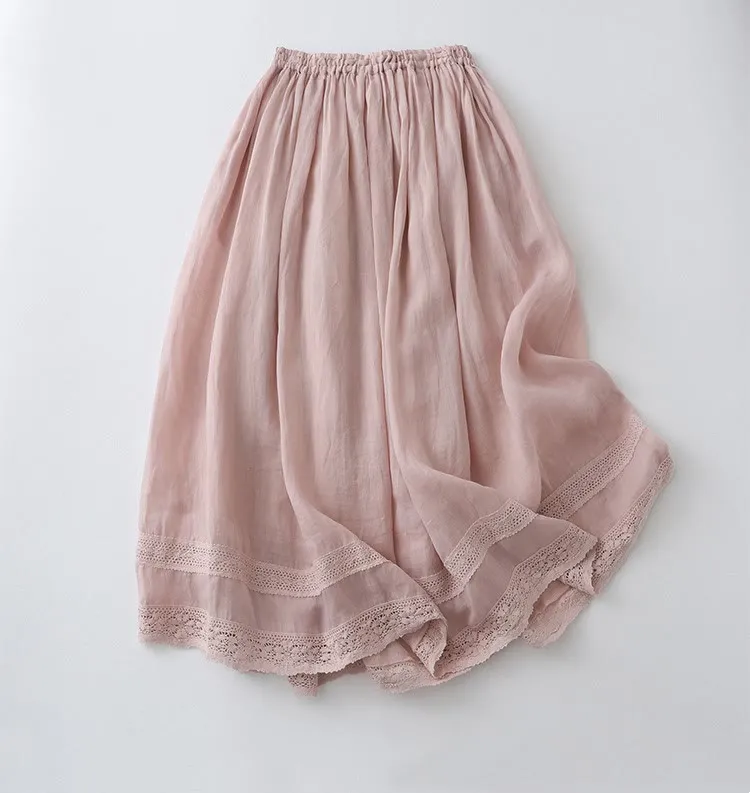 Buddha Stones Solid Lace Elastic Waist Ramie Linen Women's Skirt