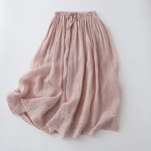 Buddha Stones Solid Lace Elastic Waist Ramie Linen Women's Skirt
