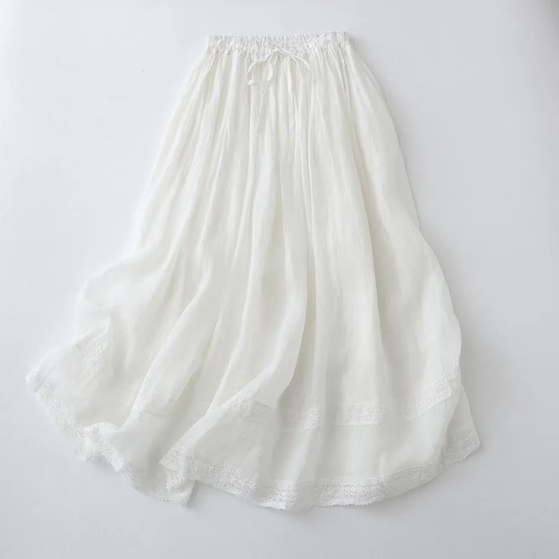 Buddha Stones Solid Lace Elastic Waist Ramie Linen Women's Skirt