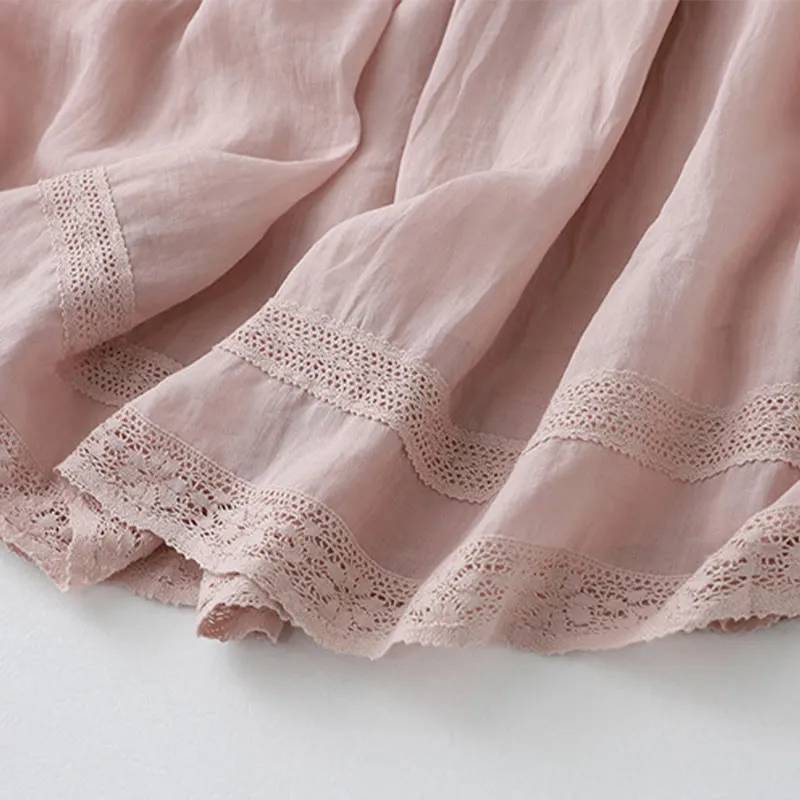 Buddha Stones Solid Lace Elastic Waist Ramie Linen Women's Skirt