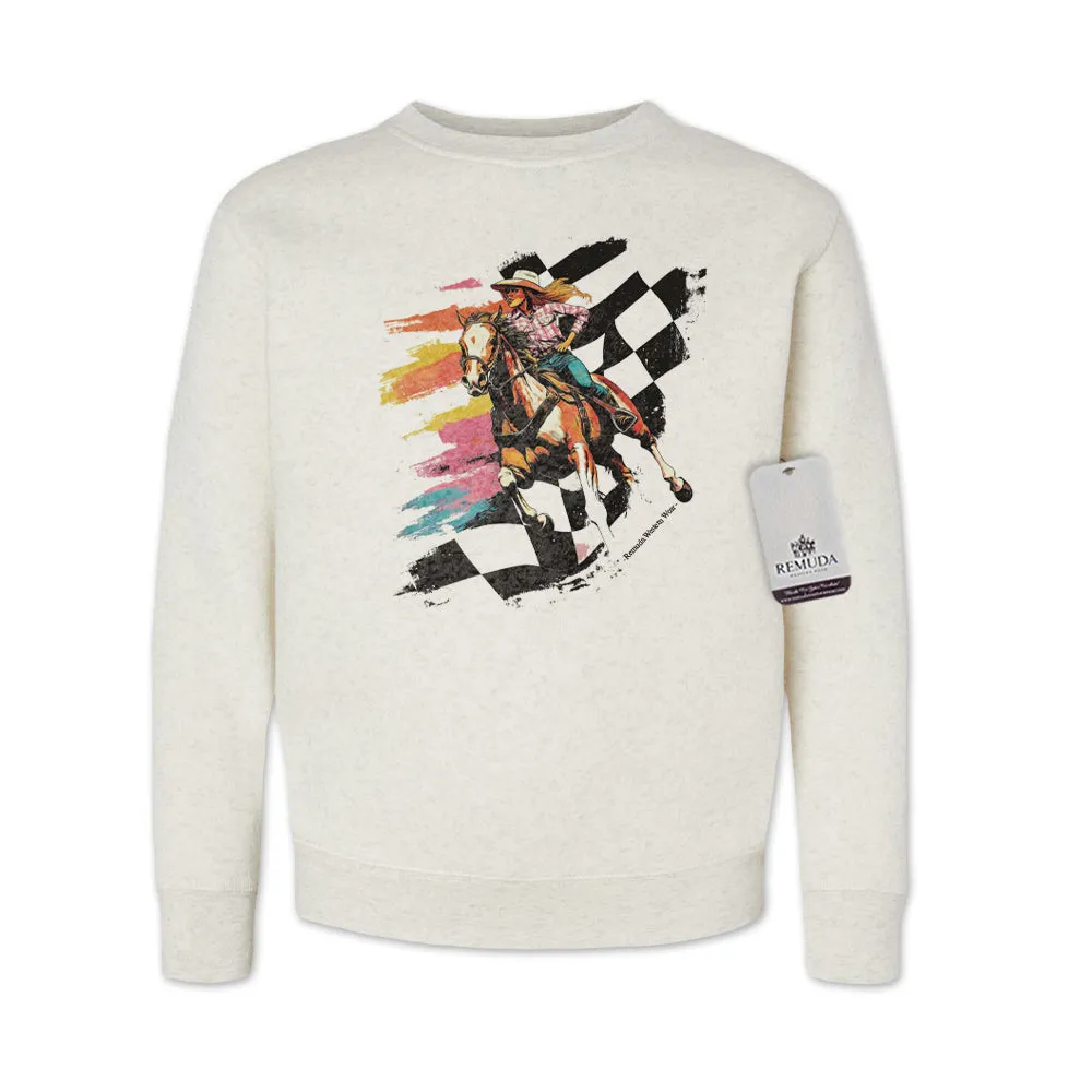 Checkered Flag Neon Cowgirl - Youth Girls Western Sweatshirt