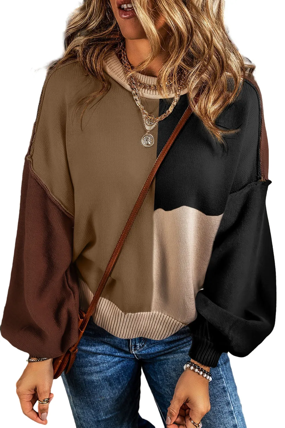 Chicory Coffee Colorblock Exposed Seam Balloon Sleeve Sweater