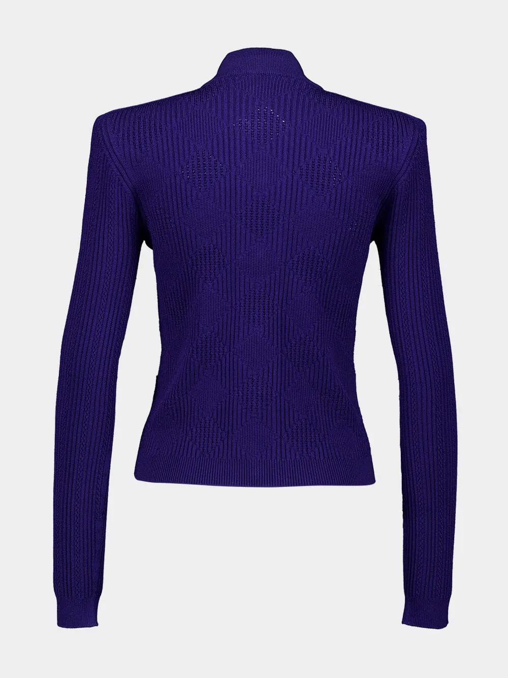 Cobalt Blue Gingham Openwork Knit Cardigan