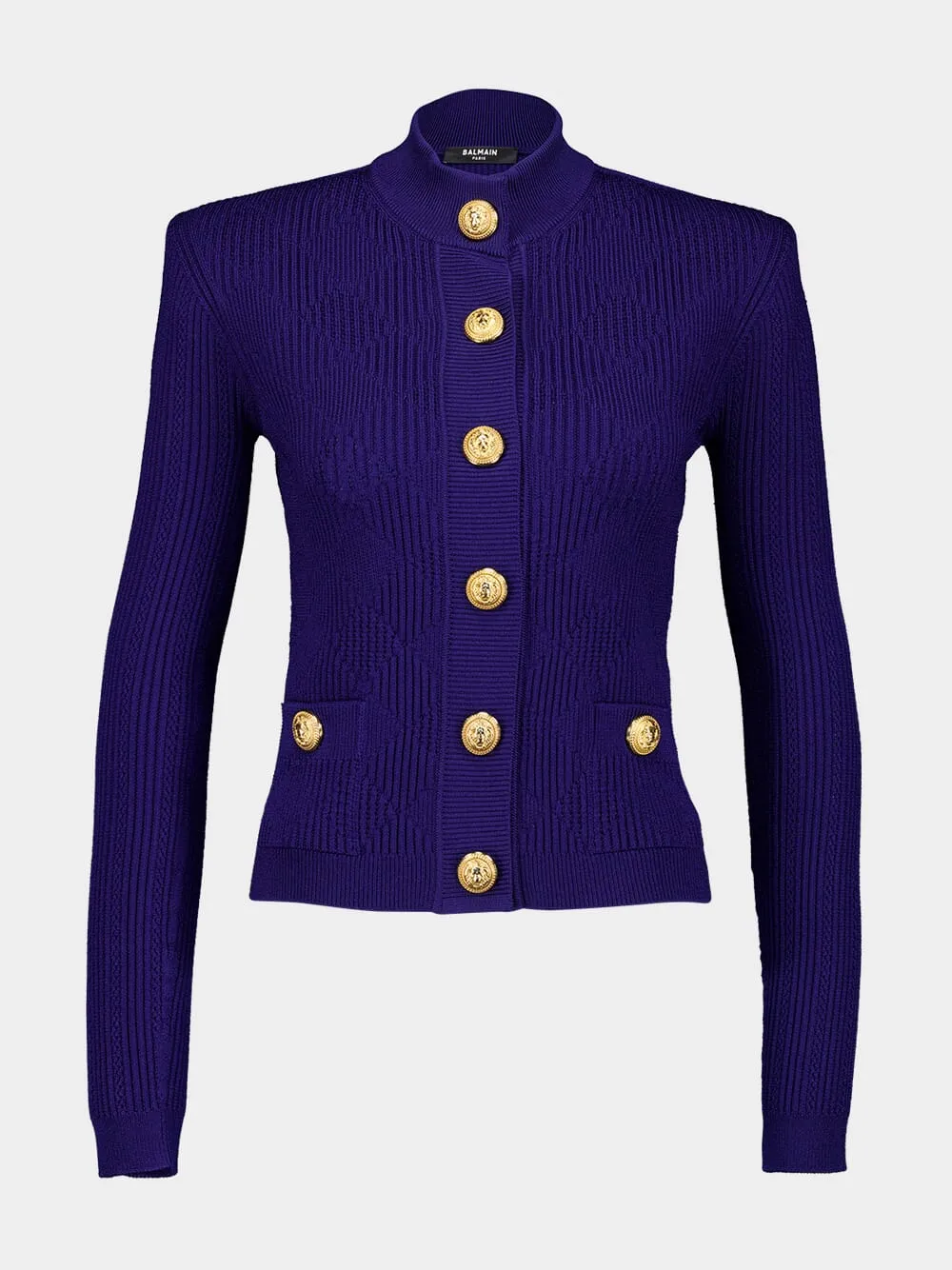 Cobalt Blue Gingham Openwork Knit Cardigan