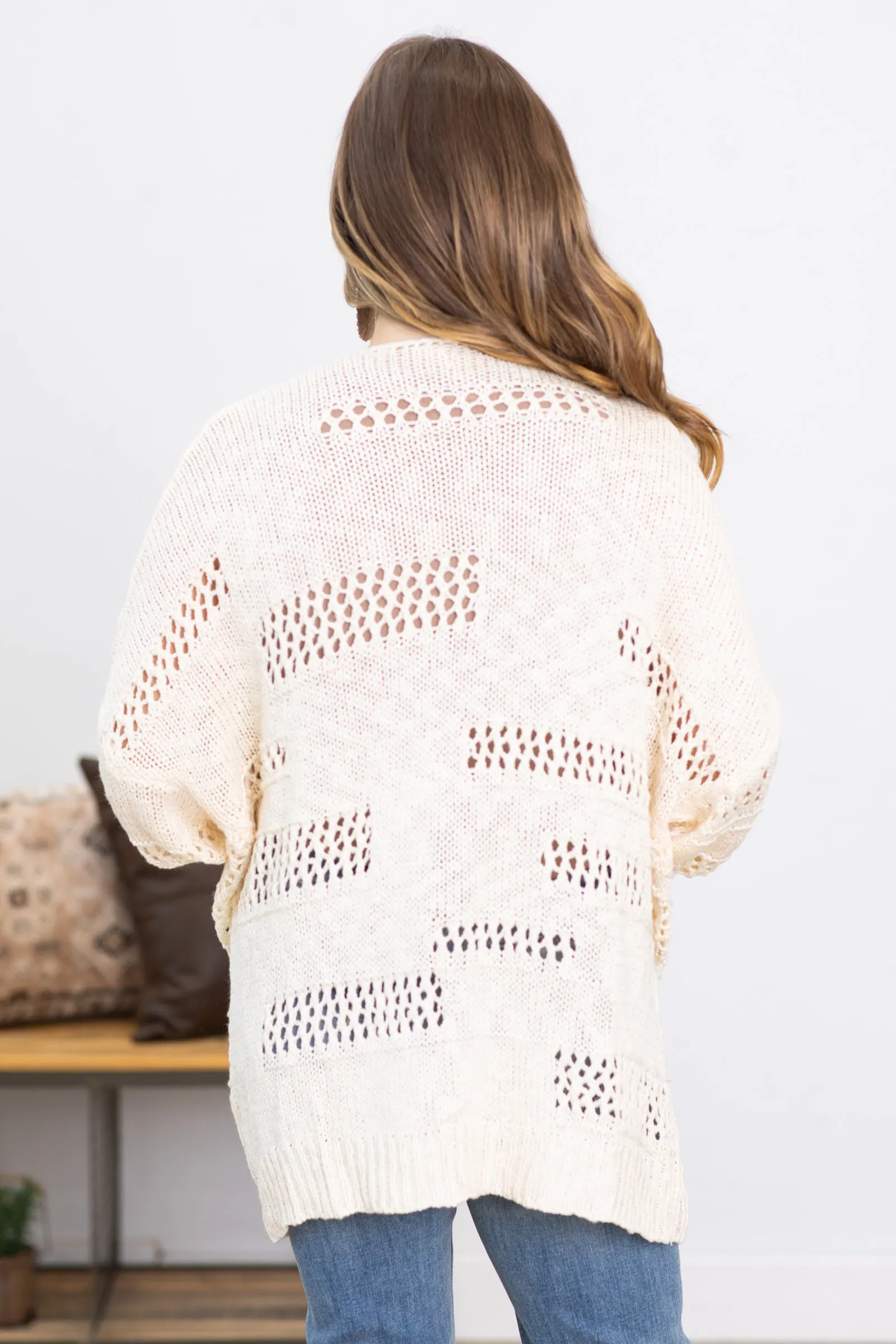 Cream Pointelle Ribbed Cuff Cardigan