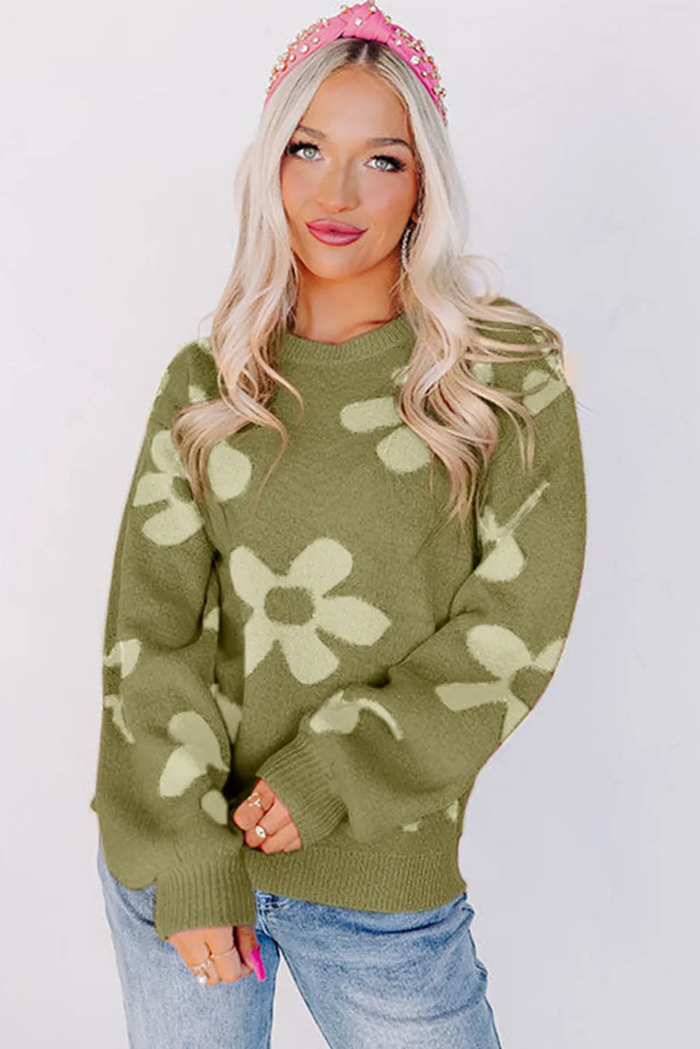 Cypress Rose Big Flower Knit Ribbed Trim Sweater