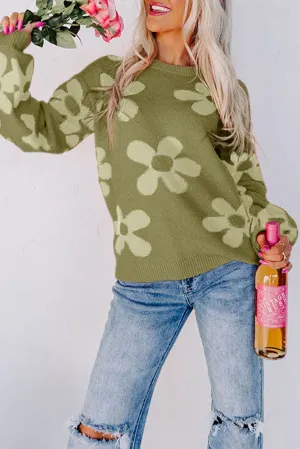 Cypress Rose Big Flower Knit Ribbed Trim Sweater