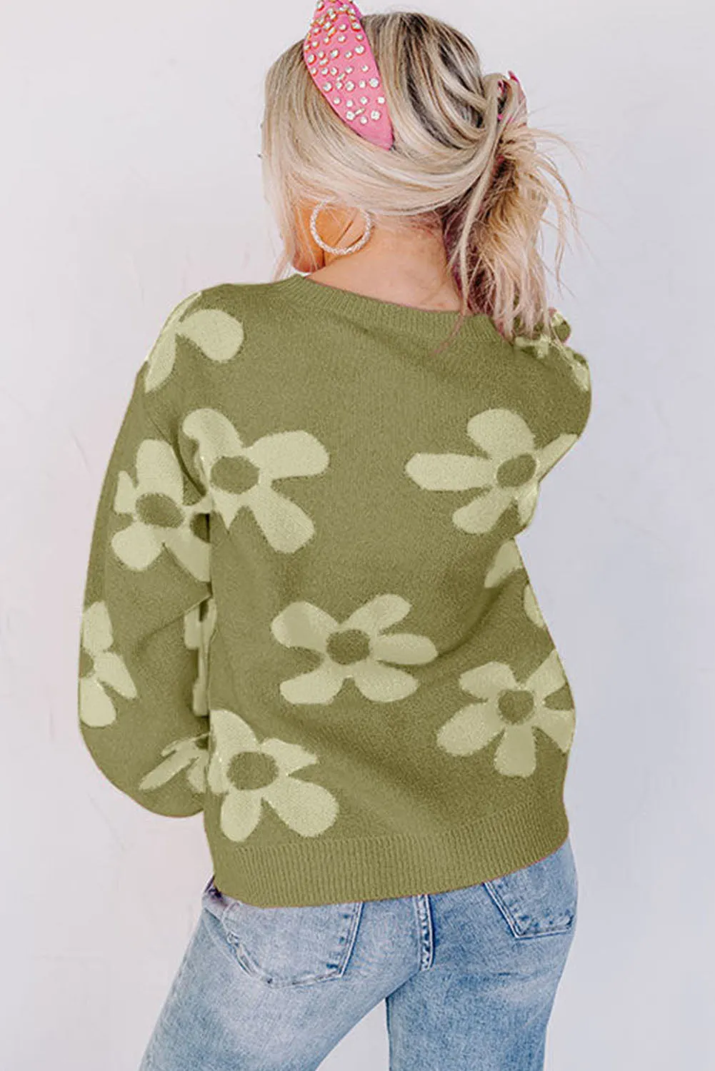 Cypress Rose Big Flower Knit Ribbed Trim Sweater