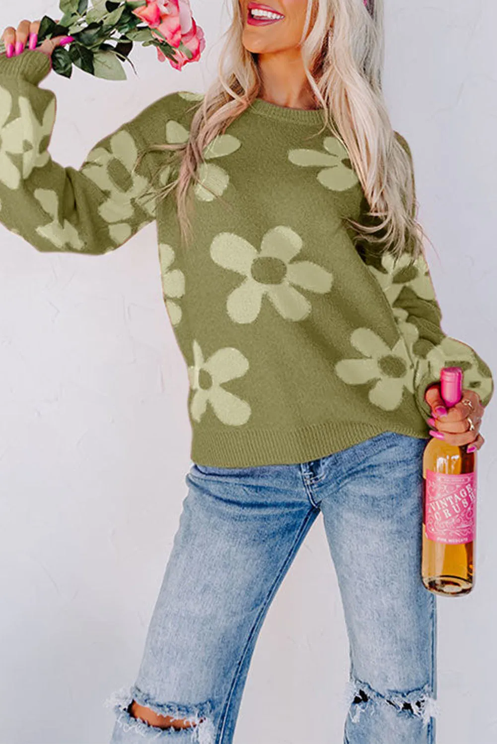 Cypress Rose Big Flower Knit Ribbed Trim Sweater