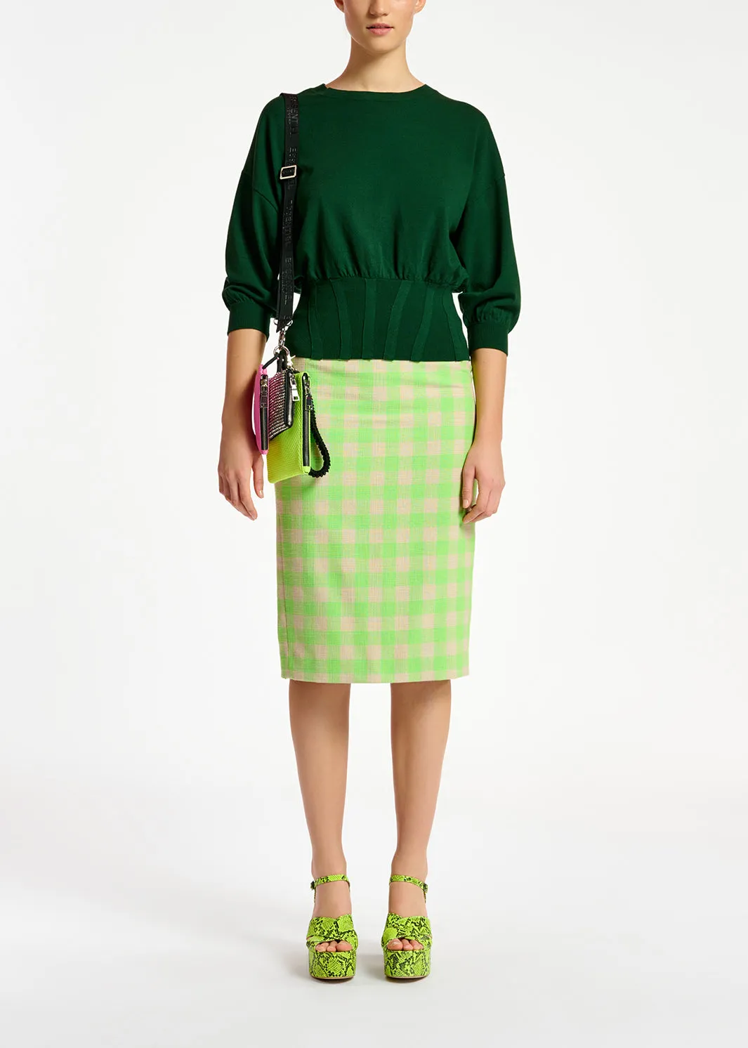 Dark green knitted sweater with fitted waist