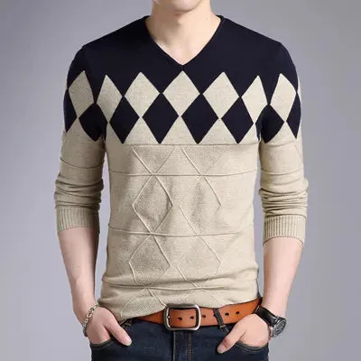 DIMUSI Autumn Winter Mens Pullover Sweater Men Turtleneck Casual V-Neck Sweater Men's Slim Fit Knitted Pullovers Clothing 3XL