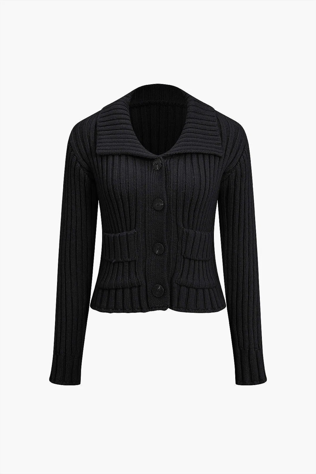 Evangeline - Ribbed Button-Front Pockets Woman's Cardigan