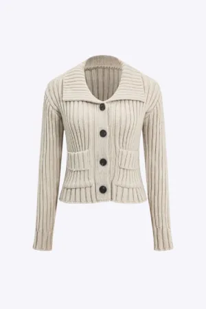 Evangeline - Ribbed Button-Front Pockets Woman's Cardigan