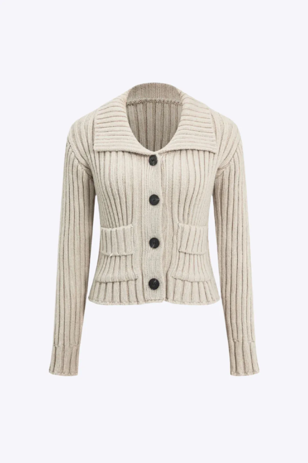 Evangeline - Ribbed Button-Front Pockets Woman's Cardigan