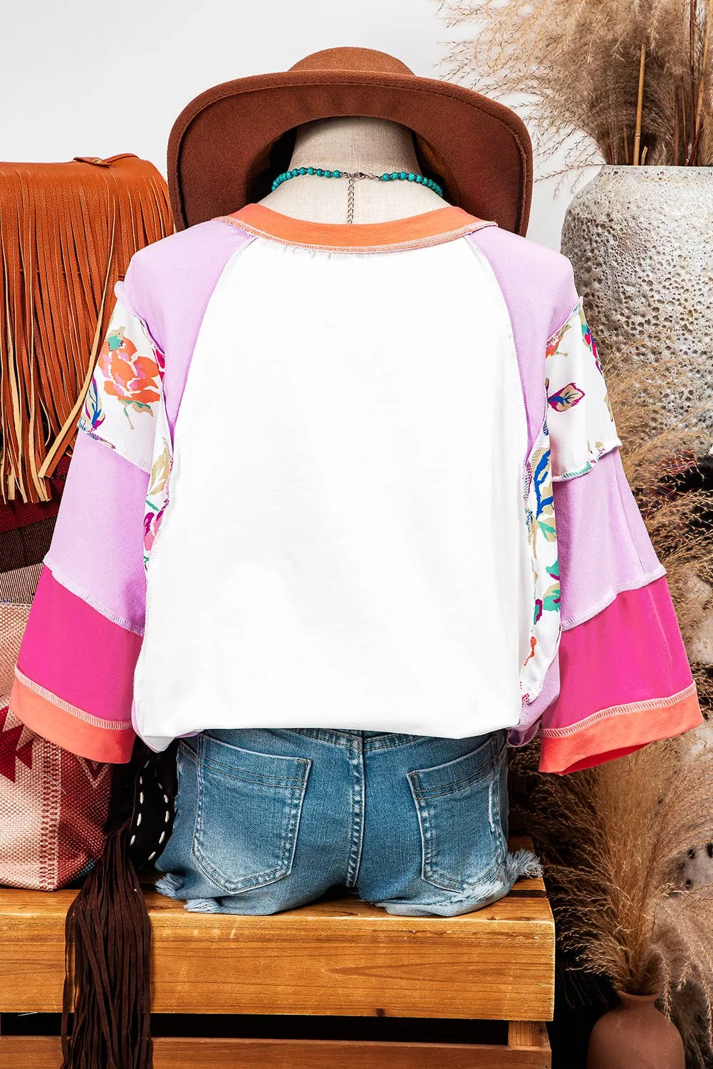Floral Colorblock Patchwork 3/4 Sleeve Blouse P406