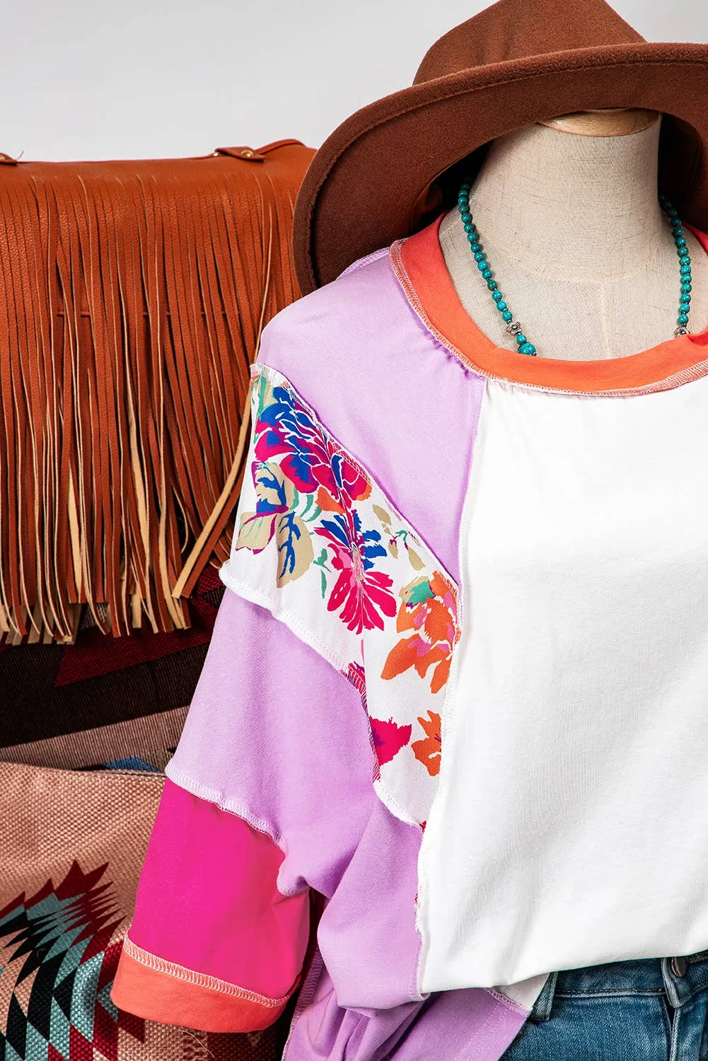 Floral Colorblock Patchwork 3/4 Sleeve Blouse P406