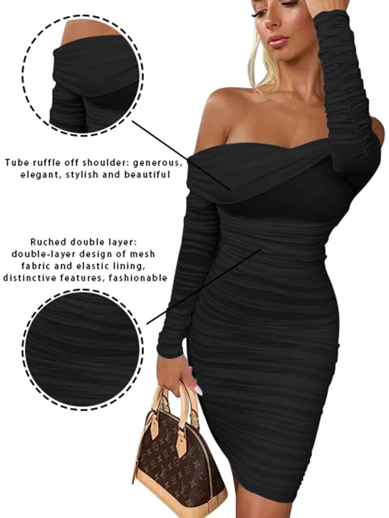 GOKATOSAU Women's Sexy Elegant Ruffle Long Sleeve Off Shoulder Ruched Party Mini Dress Black