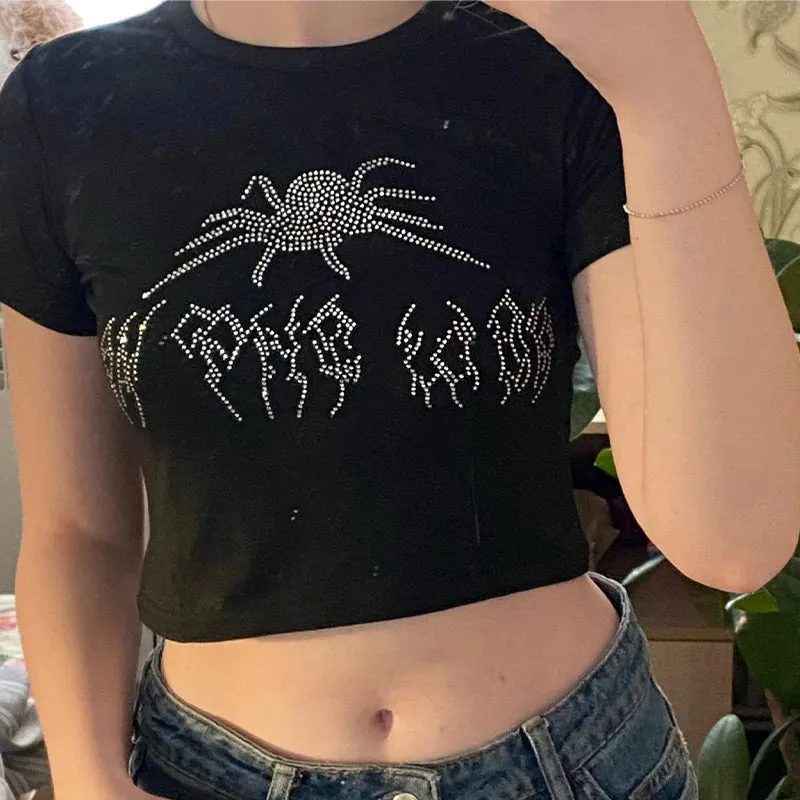Gothic Spider Rhinestones Crop Top