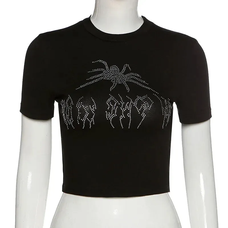 Gothic Spider Rhinestones Crop Top
