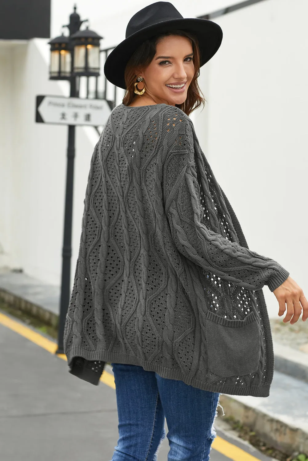 Gray Hollow Out Open Front Cardigan with Pockets