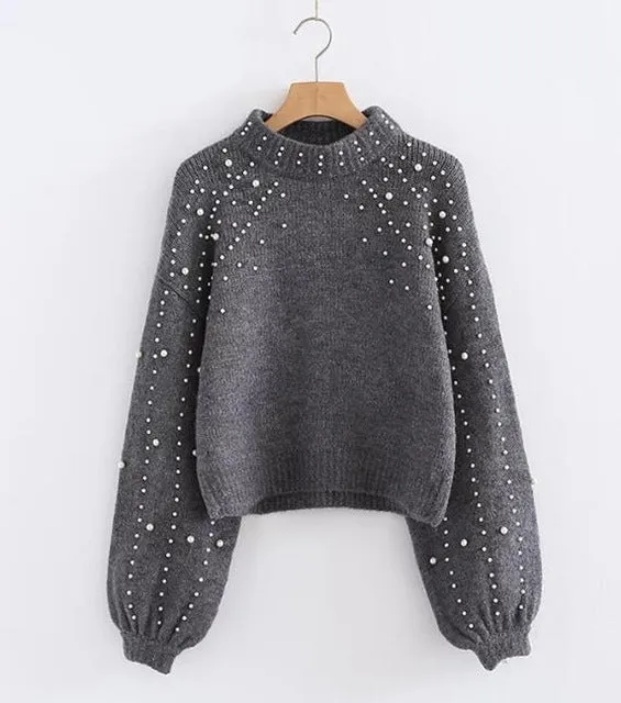 gray knitted boho sweater 2017 winter dot Pearl decoration lantern long sleeve loose hooded loose Hippie women sweater pullovers